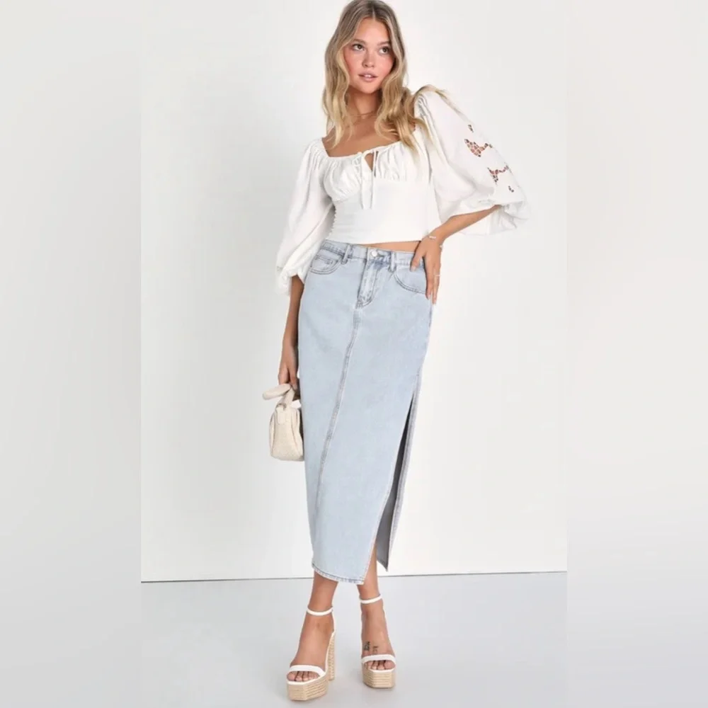 NEW w/Tag (NWT) Lulus Exceptionally Cool Light Wash High-Rise Denim Midi Skirt - Picture 1 of 5